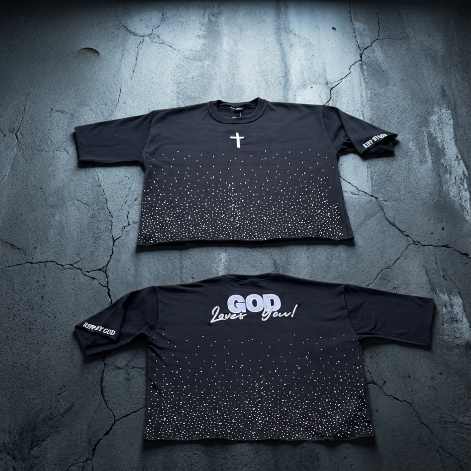 black shirts with God loves you on back