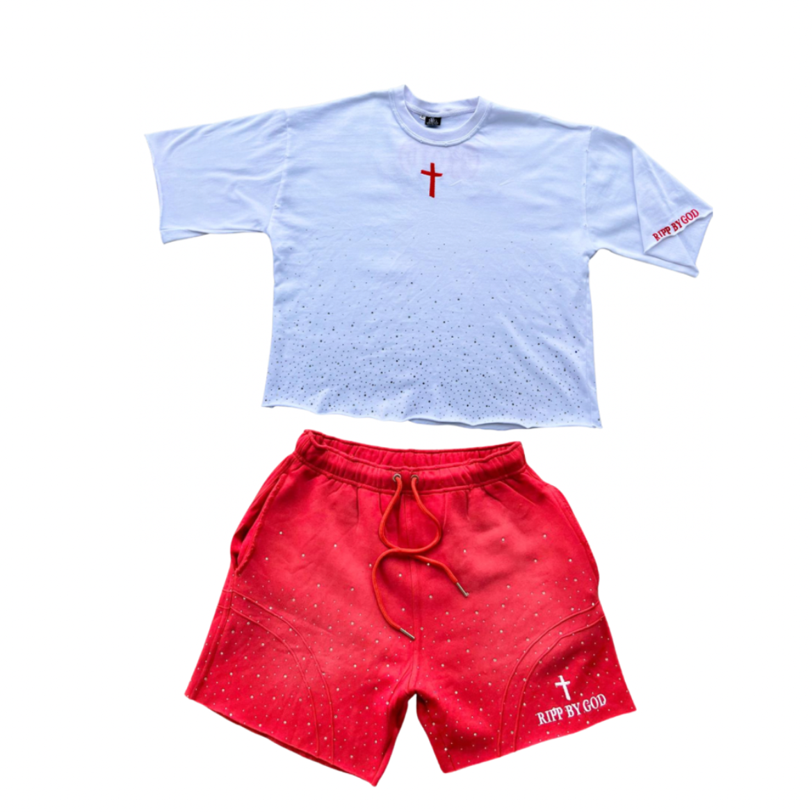 White with red cross design and red shorts on a white background