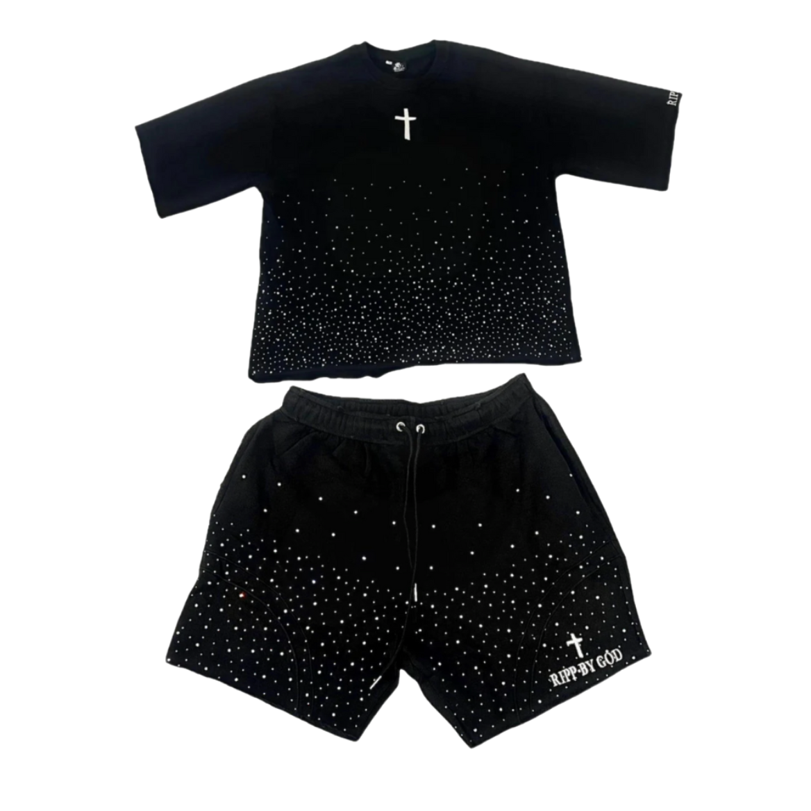 Black outfit with white diamonds and cross design on a white background